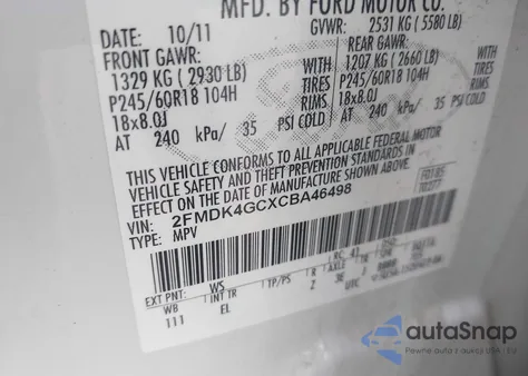 2012 Ford Edge Se из США, поврежденный, VIN 2FMDK4GCXCBA46498